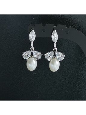 Cubic Zirconia Cultured Freshwater Pearl Dangle Earrings